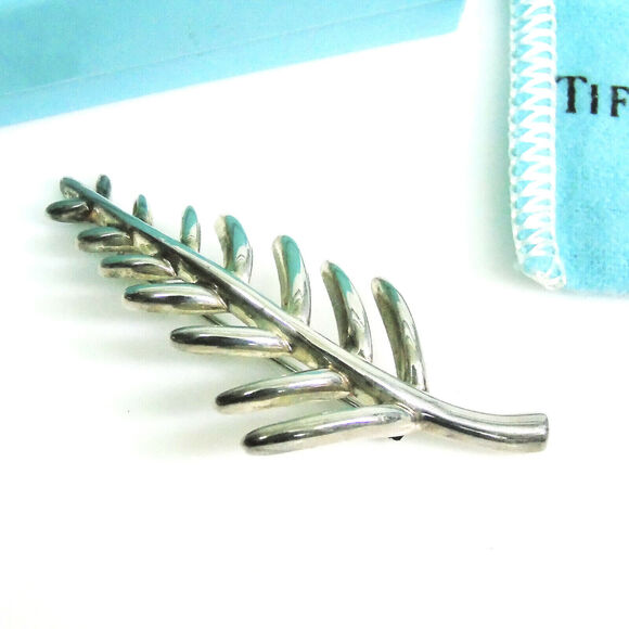 NEW Tiffany & Co. STERLING SILVER LEAF BROOCH 2.25" Palm Frond Pin 925 + Box Bag - Picture 2 of 5